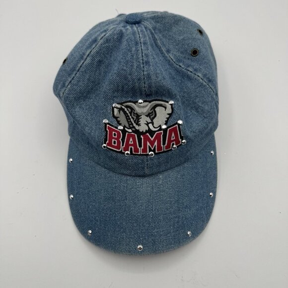 Rare Vintage Cap Hat Alabama Blue Denim Crimson Tide Bama Roll Tide Rhinestone - Picture 1 of 7